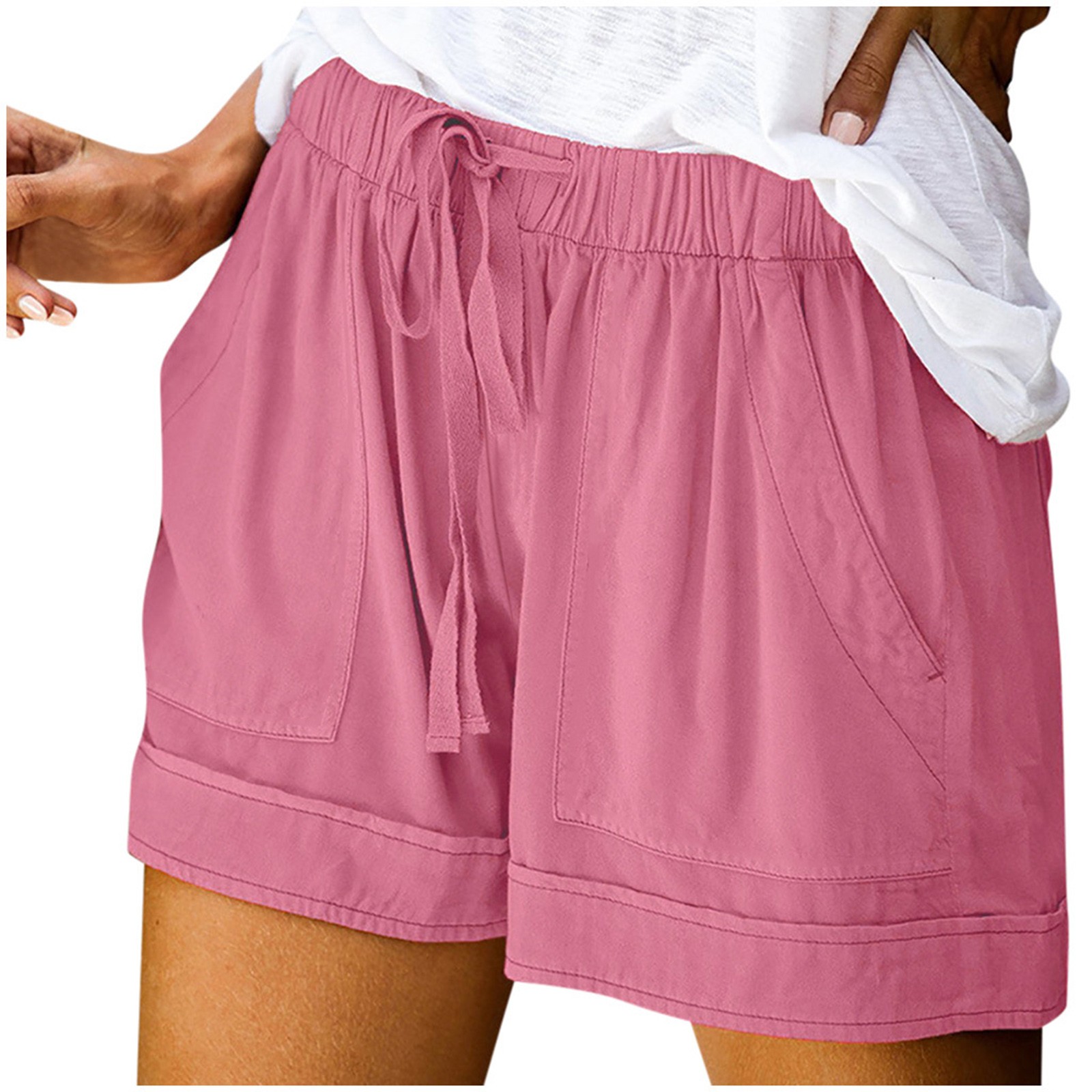 thumbnail image 2 of Pantalones cortos cómodos con cordón y cintura elástica para mujer - Pantalones holgados de color liso con bolsillos - Ropa informal de verano de poliéster, 2 of 8